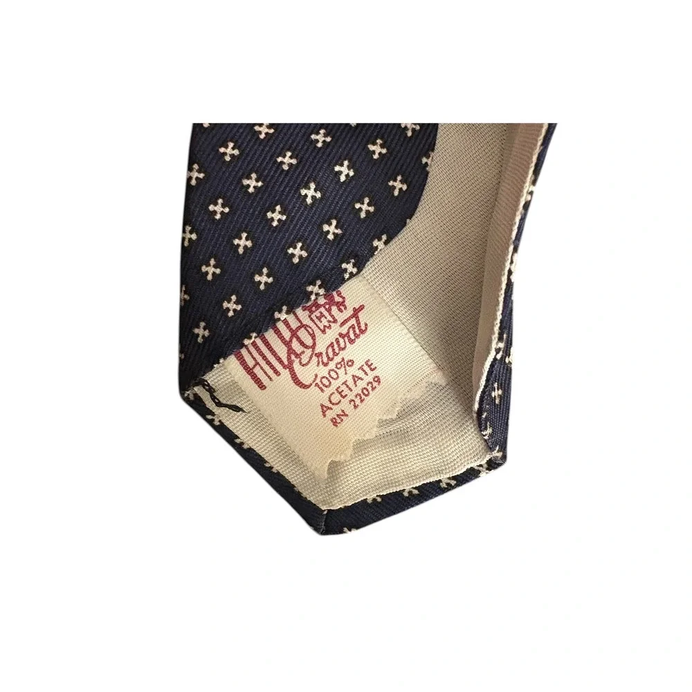 Vintage Hillo Cravat Tie Navy Blue Geometric Pattern Classic narrow Mens Necktie